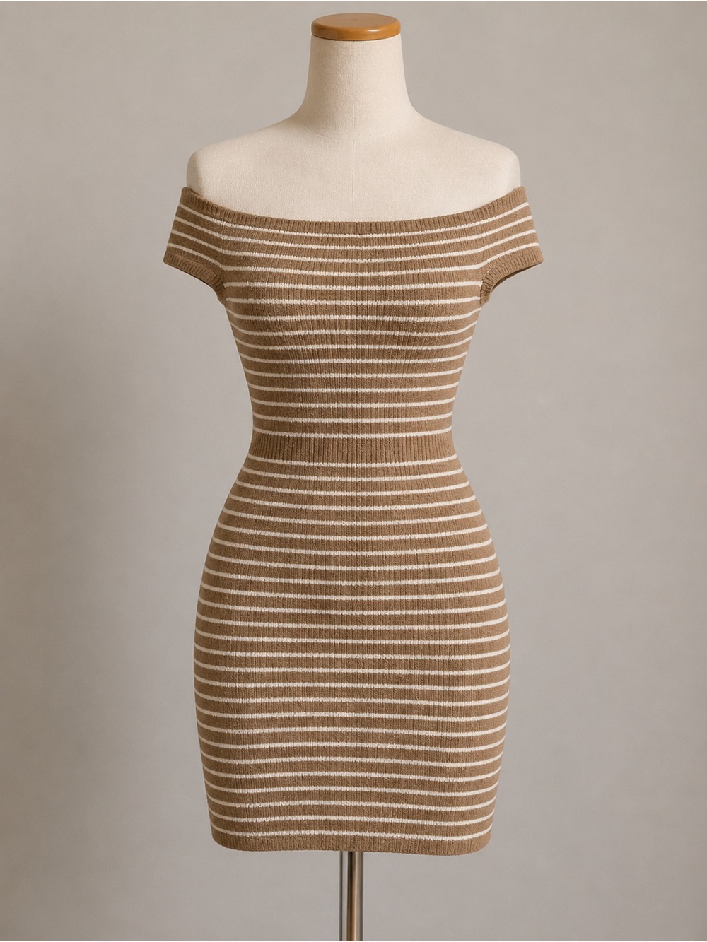 Striped Off-Shoulder Mini Dress in Tan and Cream